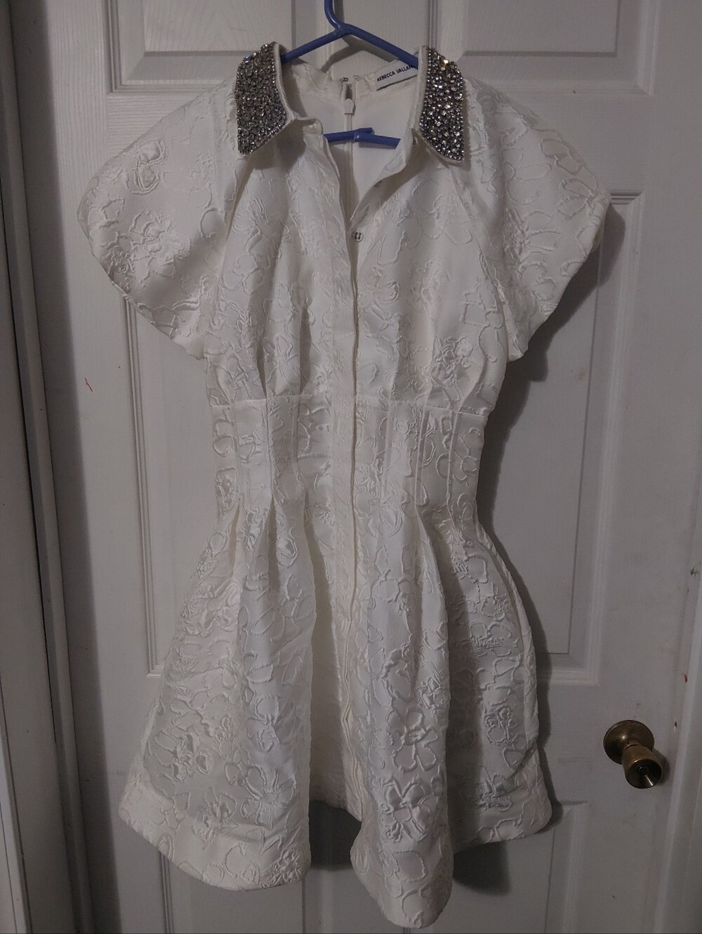 Rebecca Vallance White Embroidered Mini Dress with Crystal Collar Puff Sleves